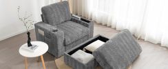 [Video]42" Oversized Chaise Lounge Indoor,Faux Rabbit Fur Sofa Bed with Storage Ottoman and Armrests,Cup Holders,Upholstered Sleeper Chair